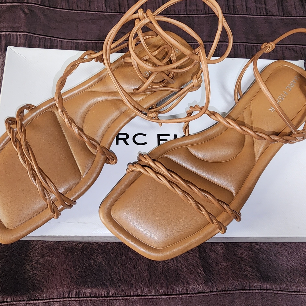 NWB $40 Marc Fisher Braided Lace-Up Sandals in Tan Brown 6.5